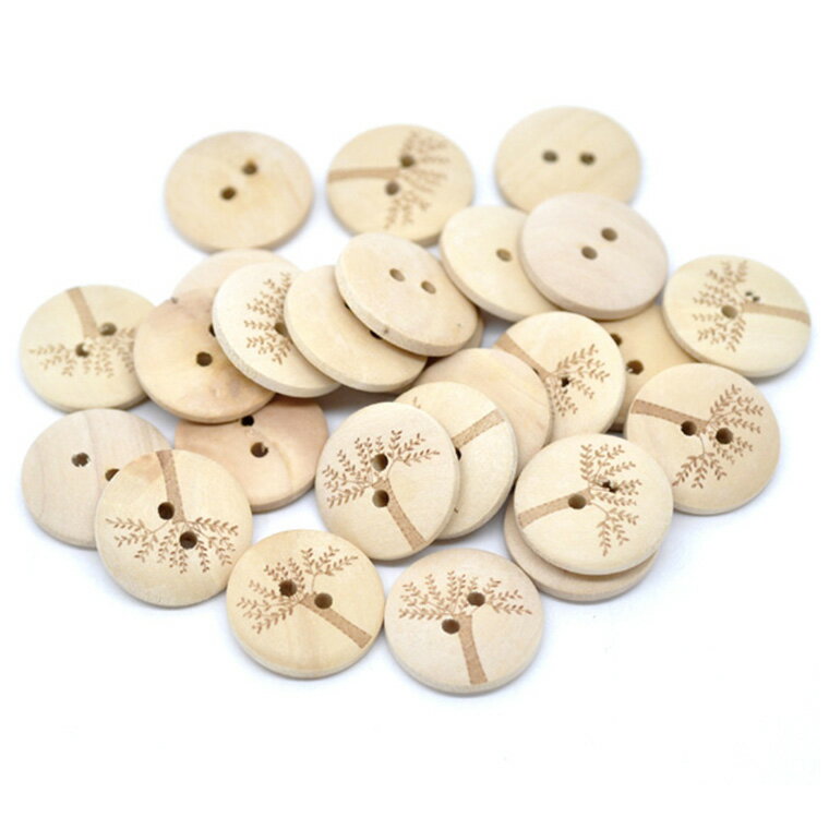 20mm 5個入 ウッドボタン 円形 2つ穴 ツリー柄 白木【ゆうパケット対応】