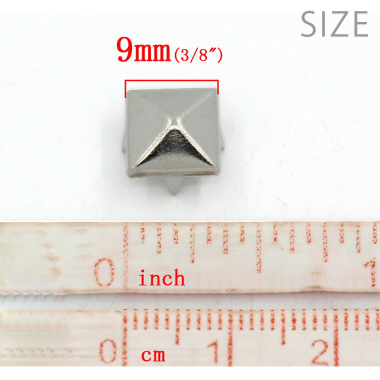 10個入 1辺9mm スタッズパーツ 鋲タイプ ピラミッド形 四本爪 銅製 シルバートーン / 角鋲 四角錘 正方形 レザークラフト パンク風 装飾パーツ 金具 シルバーカラー メタル 金属【ゆうパケット対応】
