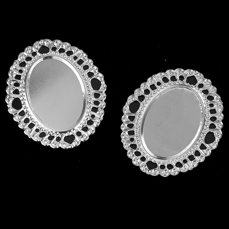 ミール皿 装飾付き楕円形 皿約30×20mm 約47×39mm シルバートーン 3個入 / 透かしパーツ 貼り付けタイプ カボション台 台座付き 装飾パーツ 円 フラワー DIY デコレーション フィリグリー風 シルバーカラー オリエンタル 合金製 ブローチ台【ゆうパケット対応】