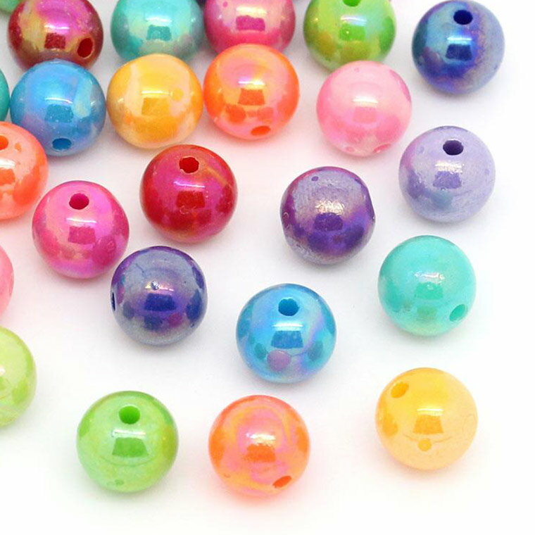 約8mm アソート50個入 アクリルビーズ 球形 ABカラー 穴約2.5mm / オーロラ加工 ス...