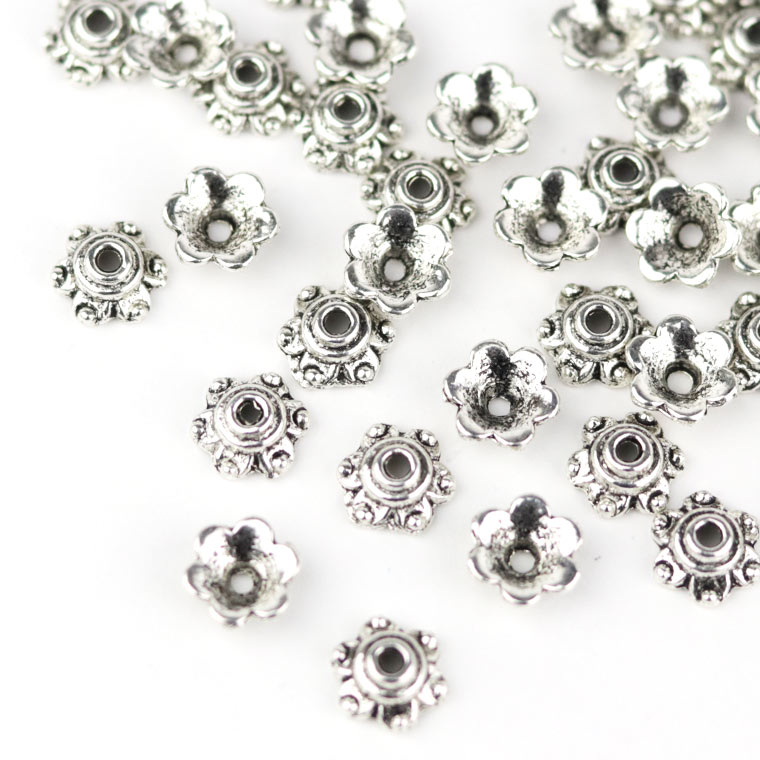 Rakuten - 30個入 7mm×3mm 座金 フラワー 6枚花弁 銀古美 / 花座 深型 ビーズ キャップ フラワーキャップ アンティークシルバー シルバー オリエンタル ボタニカル【ゆうパケット対応】