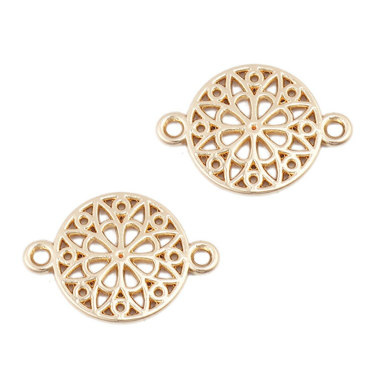 2個入 21mm×15mm コネクターパーツ 透かし円形 花柄 ゴールド / 金メッキ フラワー メタルチャーム 円 ..