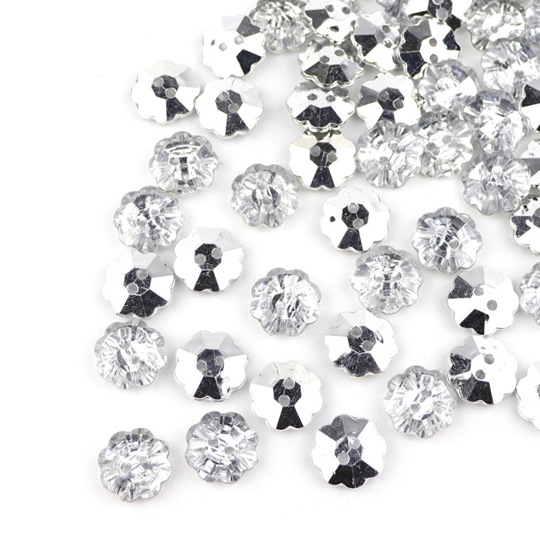 直径約13mm 20個入 アクリルボタン フラワー ハーフシルバー 二つ穴 クリア 穴約1.6mm/ハーフ メタリック シルバー花 Xmas クリスマス キラキラ 手芸 縫製 ぼたん ハンドメイド材料【ゆうパケット対応】