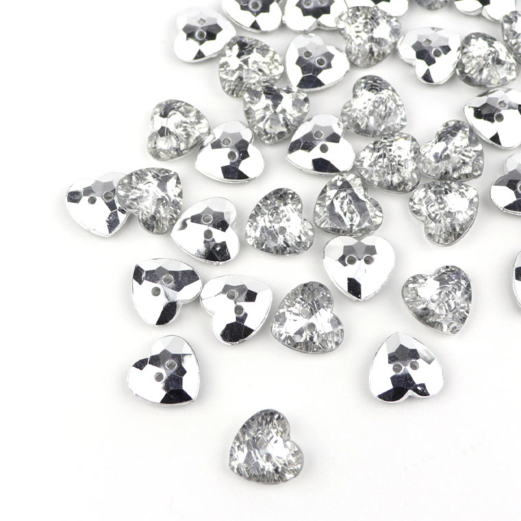 約12mm×12mm 20個入 アクリルボタン ハート 二つ穴 クリア ハーフシルバー 穴約1.6mm/ハーフ メタリック Xmas クリスマス キラキラ 手芸 縫製 ぼたん ハンドメイド材料【ゆうパケット対応】