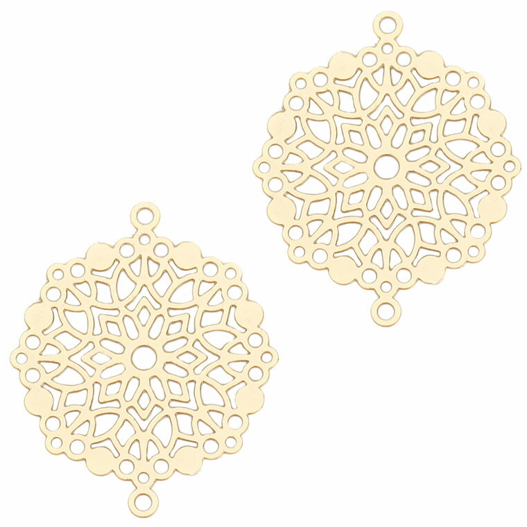 Rakuten - 2個入 コネクターパーツ 花柄 28mm×23mm ゴールド/ メタルパーツ チャーム 合金 透かしパーツ 円形 金 フラワー ハンドメイド材料【ゆうパケット対応】