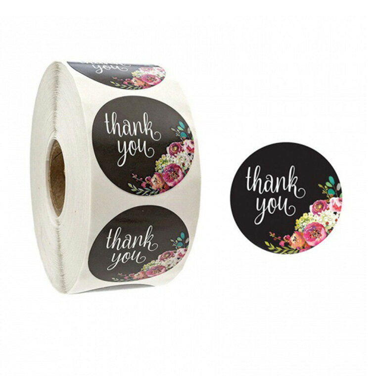 ロールシール ブラック フラワーブーケ サンキュー 円形 1種類 1巻入 / 黒 シック 花 フラワー リーフ お礼 メッセージ センキュー thankyou ...