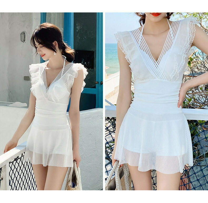 ワンピース水着 レディース 体型カバー水着 ミセス 20代 30代 オールインワン レス かわいい バックシャン おしゃれ カバーアップ 小胸 バスト 盛れる 透け感 フレアスカート 女性 リボン 露出控えめ