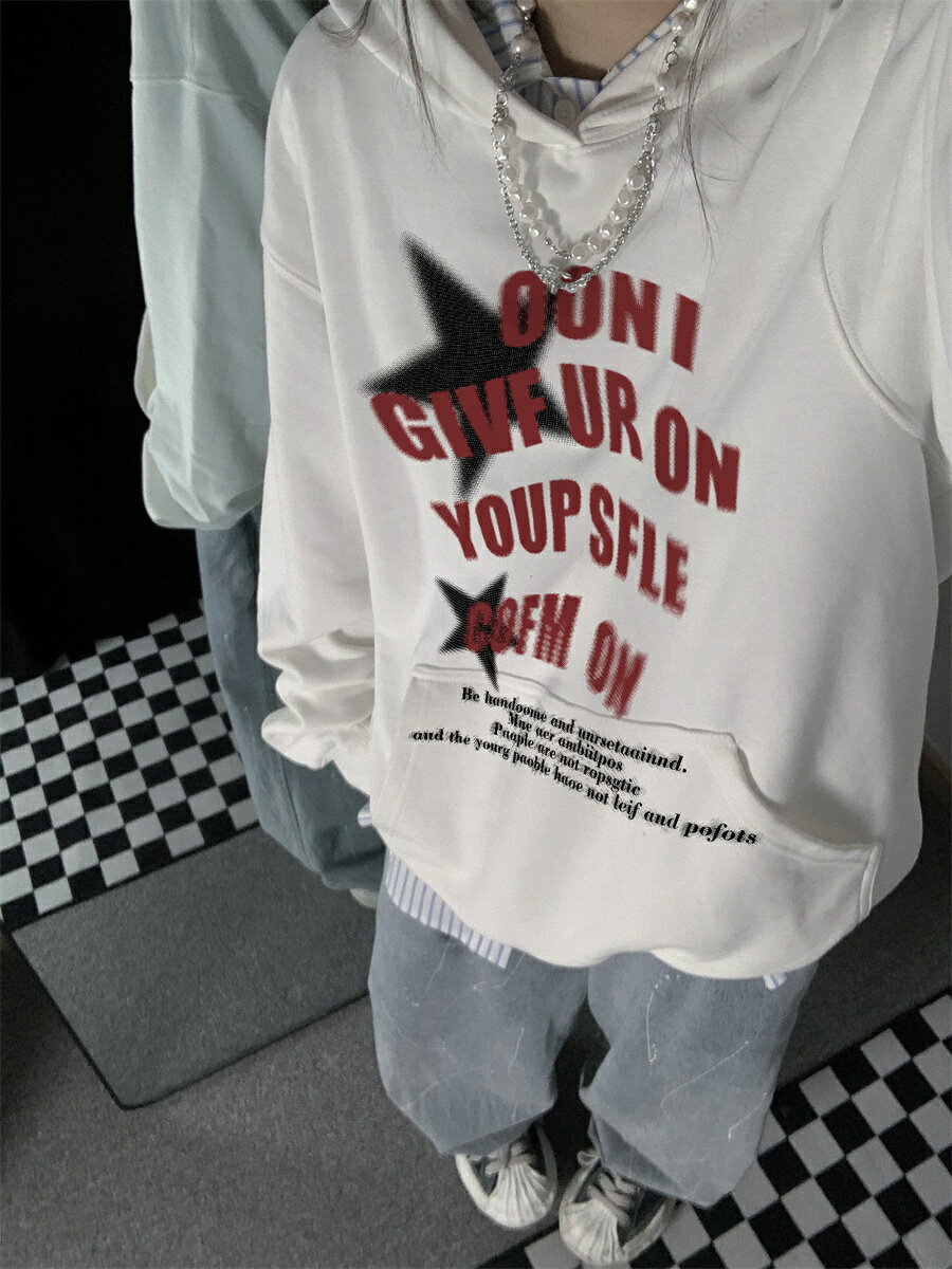Rakuten - Excellent styleアメリカンスタイルのレトロカジュアルフード付きスウェットシャツ、カップル用、秋用、ゆったりしたアルファベットプリント、男女兼用