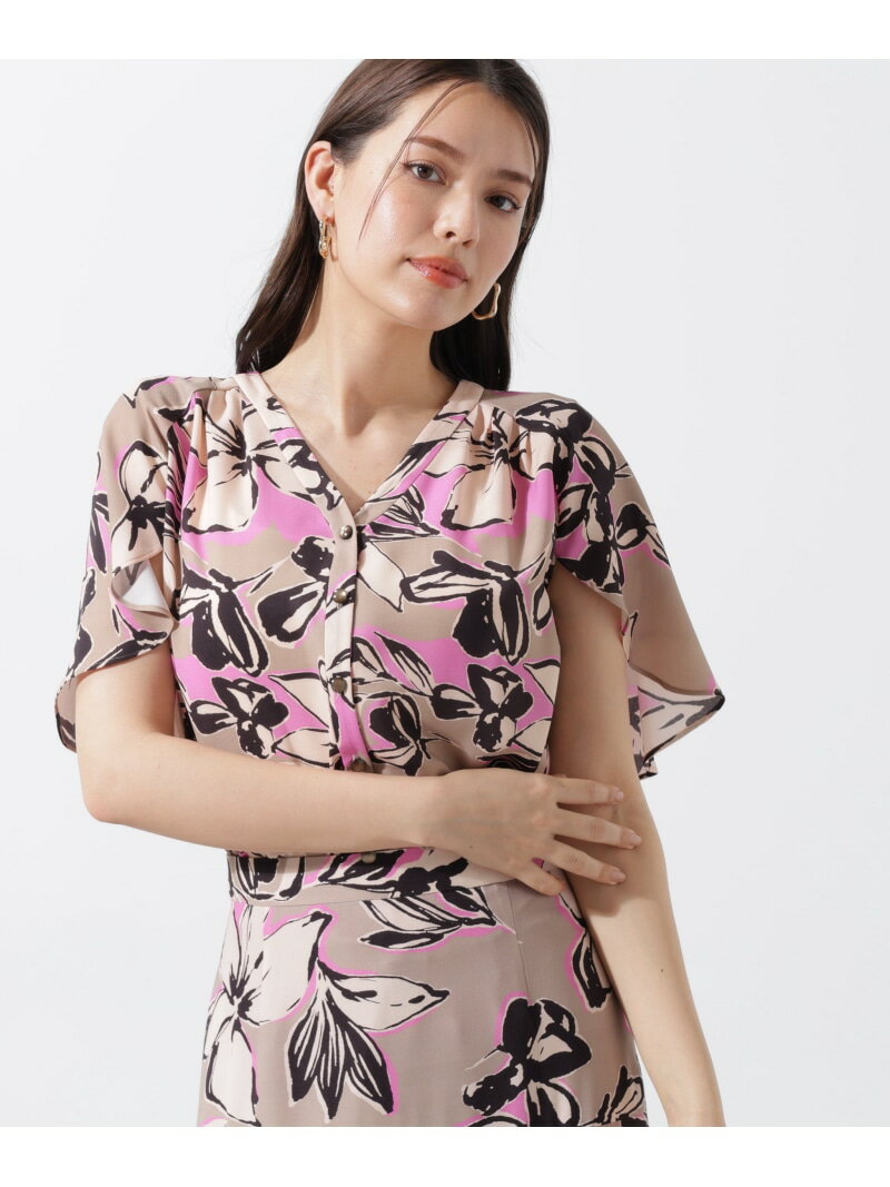 【SALE／28%OFF】フラワーラインプリントVネックケープブラウス PINKY&DIANNE ピンキー アンド ダイアン トップス シャツ・ブラウス ベージュ ブルー【RBA_E】【送料無料】[Rakuten Fashion]