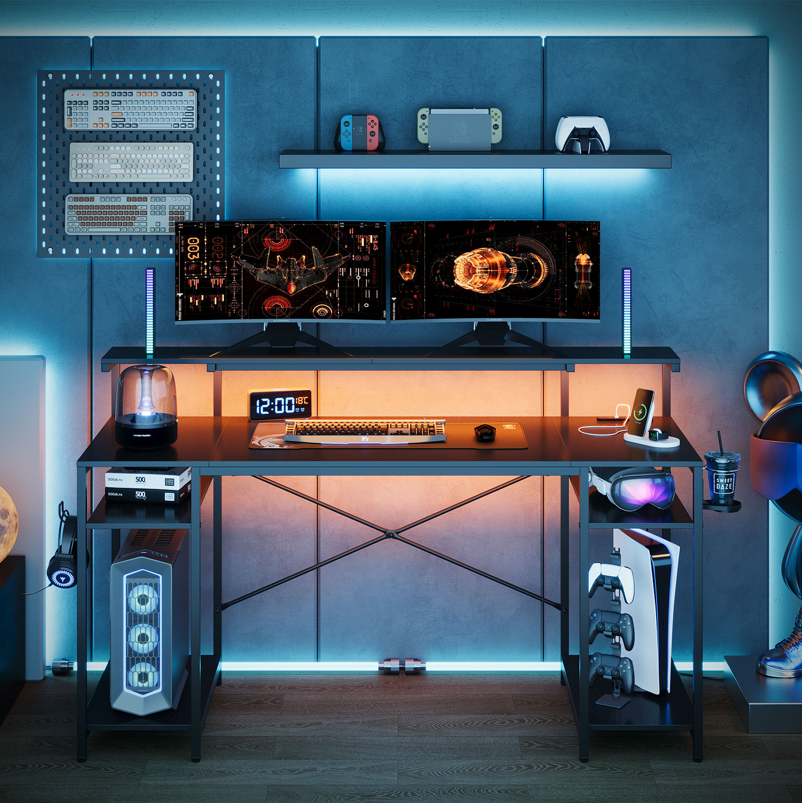 ＼送料無料！／ゲーミングデスク 幅140cm コンセント付き Type-Cポート付きパソコンデスク 机 pcデスク LEDライト・モニター台付き 勉強机 収納ラック付き 作業机 棚板高さ調節可能 ワークデスク オフィスデスク ゲーム おしゃれ