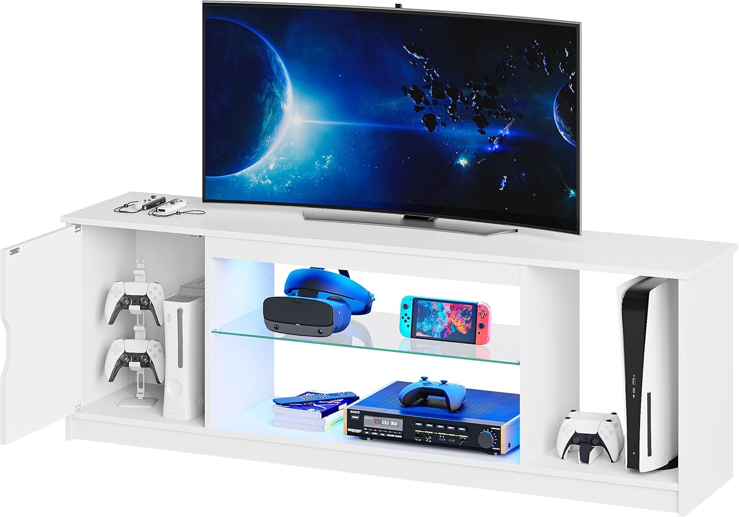 Rakuten - ＼送料無料！／Bestier テレビ台 テレビボード PS5ゲーム機収納対応 幅144.8cm 奥行35cm 高さ52.5cm 32-65型対応のテレビラック AV機器対応 ガラス収納棚付き 扉付き 木製 おしゃれ LEDライト付 白い ローボード（カーボン調ホワイト&ブラック）