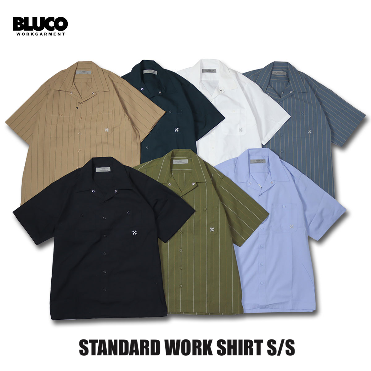 送料無料 BLUCO(ブルコ)OL-108-023 STANDARD WORK SHIRT S/S 7色(NVY/BLK/L.BLU/WHT/OLV.STP/BEG.STP/S.BLU.STP)