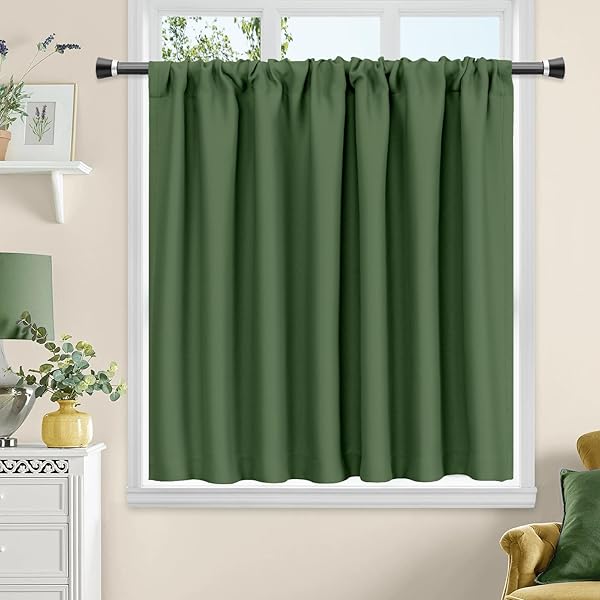 AooHome 遮光 カフェカーテン 小窓用 80cm丈 100cm幅 遮熱 断熱 1級遮光 高密度布製 目隠し 無地 UVカット 防寒 保温 省エネ 洗える 間仕切り 厚手 キッチン 浴室 トレイ 子供部屋 廊下 ダークグリーン 1枚入
