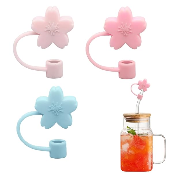 Doyime ストローキャップ (3pcs) ストローカバー ストローチップカバー シリカゲル 防塵防滴 再利用可能な 耐久性 漏れ防止 かわいい さくら 飲用 装飾用 インテリア用 適用7-8 mmストロー (ライトブルー+ライトピンク+ピンク)