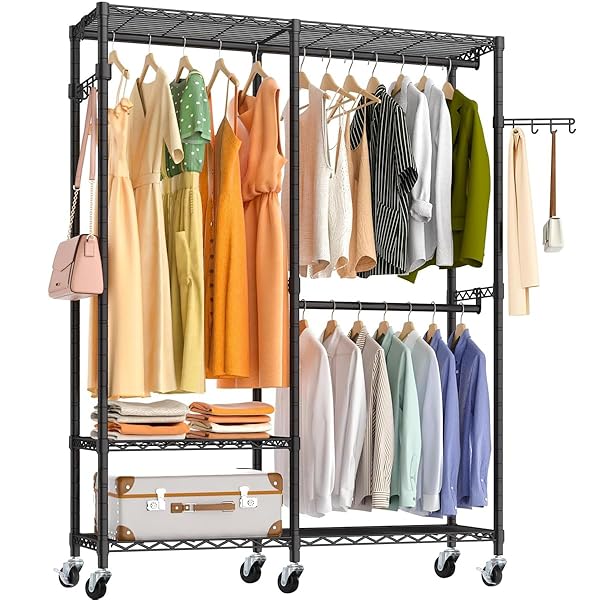 AZAKBL ハンガーラック 頑丈 2段 洋服ラック 大容量 キャスター付き クローゼット ワードローブ 洋服掛け 防サビ加工 組み立て簡単 高さ調節 省スペー...