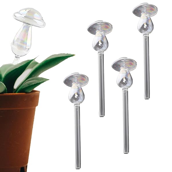 Gevvnss 自動給水器 植物 水やり当番 水やり 自動水遣り 自動水やり 自動給水キャップ 4個セット 透明 多彩 ガラス 自動水やり器 鉢植え 園芸 キノコ 盆栽 留守用 4個セット挿すだけ
