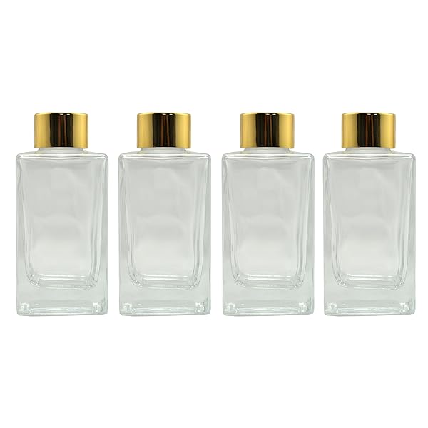 長方形リードディフューザーボトル4本セット、空のアロマオイル容器（120ml、ゴールデンキャップ）
