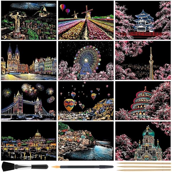 Kesote スクラッチアート 12枚 大人 塗り絵 【専用ペン付き】 削り絵 スクラッチシート 暇潰しグッズ ボケ防止 ひまつぶし お絵描きアート 花 桜 ス...