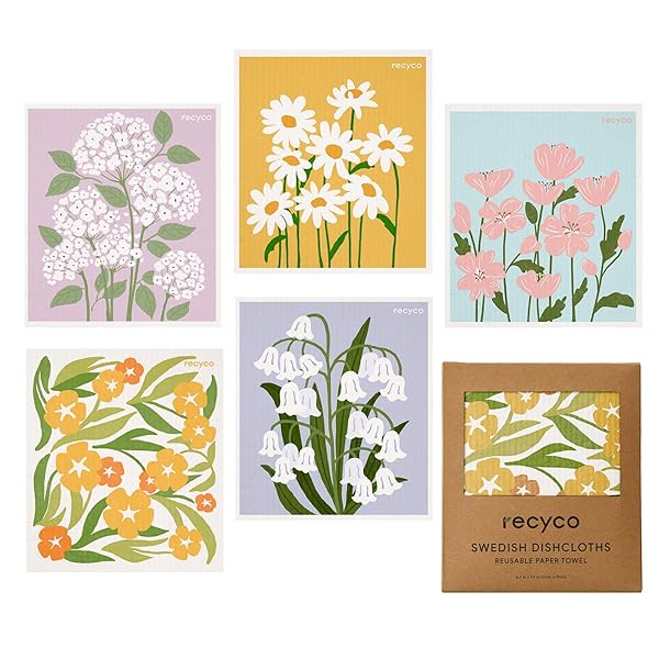 Recyco セルロース ふきん キッチン クロス 5枚セット 天然繊維 17×19cm 防臭 台拭き スポンジワイプ 花 マティスフラワー ぐんぐん吸水 速乾 耐久性 キッチンタオル 抗菌 断熱マット