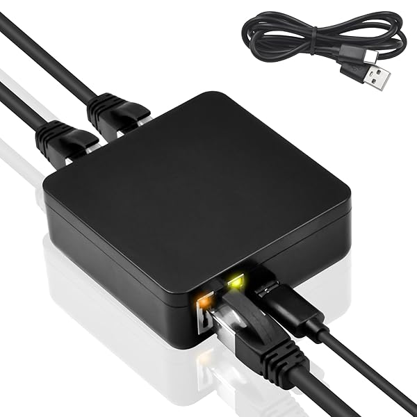 Poyiccot RJ45 LAN分岐 同時使用 2口、1000Mbps LAN ケーブル 延長コネクタ、 RJ45 分岐コネクター（USB電源ケーブル付き）RJ45 延長 アダプタ用中継コネクタ (2デバイス同時使用対応)