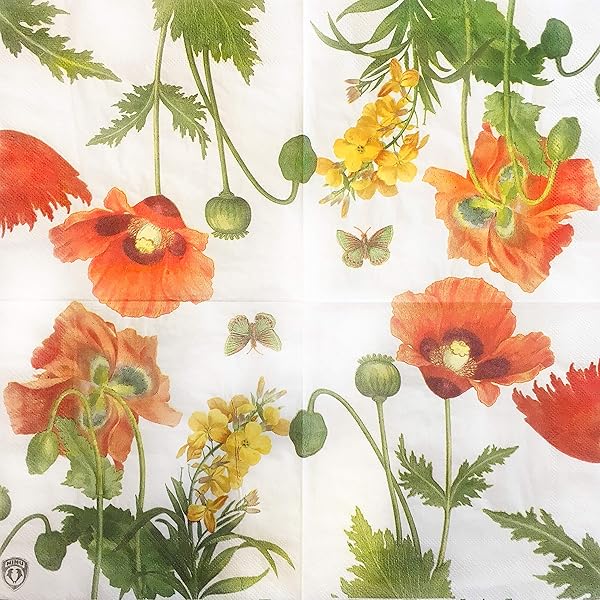 Zelten 結婚式・ディナー・ティーパーティー用カラーペーパーナプキン 20枚入り シャビーシックデザイン シャワーパーティー用, ポピーの花