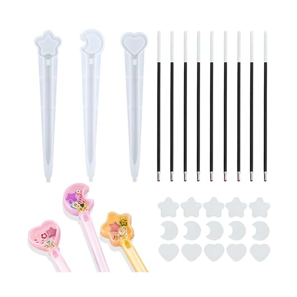MAEXUS シリコンモールド ペン形【3個セット】レジン 型 シリコンモールド 筆 星 月 ハート 流砂のペン 抜き型 初心者 DIY お手入れが簡単 文房具 ペン 可愛い おしゃれ 芯付き(3)