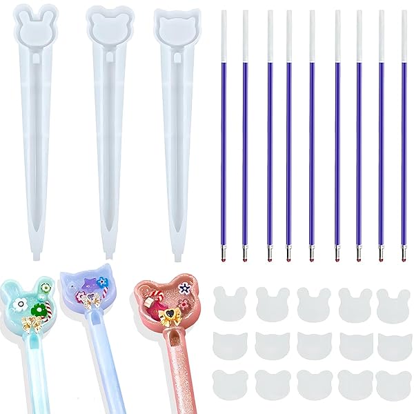 MAEXUS シリコンモールド ペン形【3個セット】レジン 型 シリコンモールド 筆ウサギ 猫 熊 流砂のペン 抜き型 初心者 DIY お手入れが簡単 文房具 ペン 可愛い おしゃれ 芯付き(3)