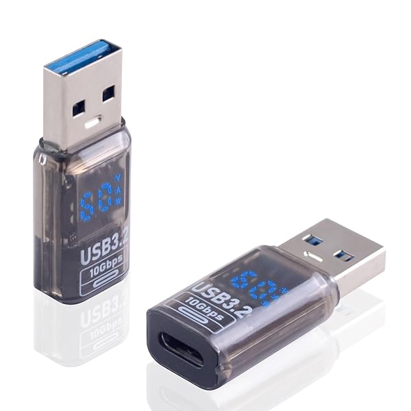 Poyiccot USB A to C 変換アダプタ10Gbps、Type C メスからType A オス変換アダプタLED出力スクリーン表示付き、60W充電対応 透き通る 3.2規格 高速転送対応Macbook, Galaxy, 2個