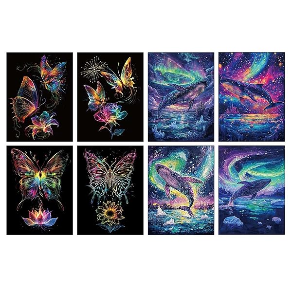 スクラッチアート 8枚セット 21*29cm A4 サイズ 夜光 スクラッチアート で美しいアート 面白い塗り絵 簡単 削るだけで スクラッチアート 鯨 蝶 花火 熱気球 夜景 DIY 手作り 虹絵 DIY 部屋飾り 大人 子供 プレゼント インテリ