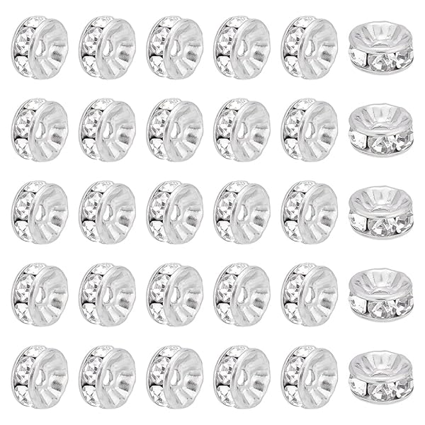 UNICRAFTALE 約40個 8mm ロンデルビーズ ラインストーン付き ビーズ 平型 スペーサービーズ 316外科用ステンレス 金属ビーズ メタル ビーズ...