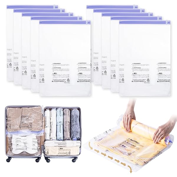 TAILI 圧縮袋 旅行 衣類圧縮バッグ 収納袋 便利グッズ 真空 手巻き ポンプ不要 衣替え 衣類 洋服 小物収納 出張 修学 家族旅行 Lサイズ 10枚入
