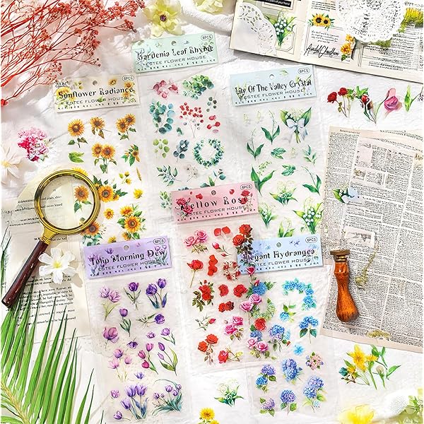 Chisafly シール コラージュ 素材 花 可愛い 大容量約588枚 詰め合わせ ステッカー フレーク PET 半透明 桜 ひまわり 手帳 防水 ins風（花）