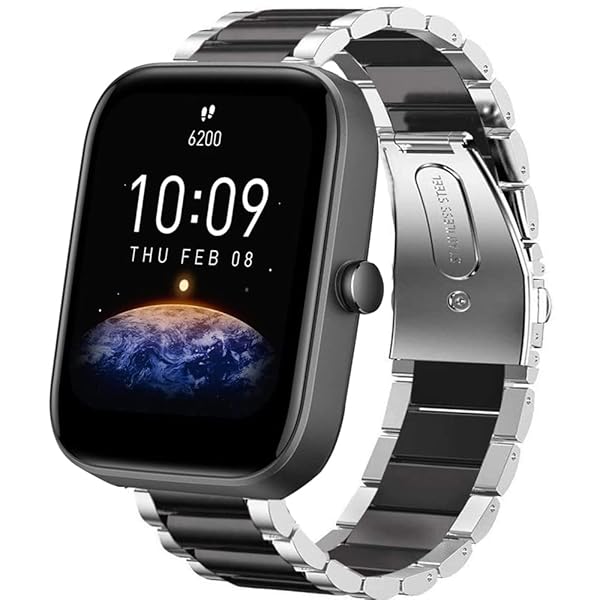 [Lamshaw] バンド 対応 Amazfit Bip 3, ステンレス メタル ベルト 交換バンド 対応 Amazfit Bip 3 / Bip 3 Pro スマートウォッチ (シルバーブラック)