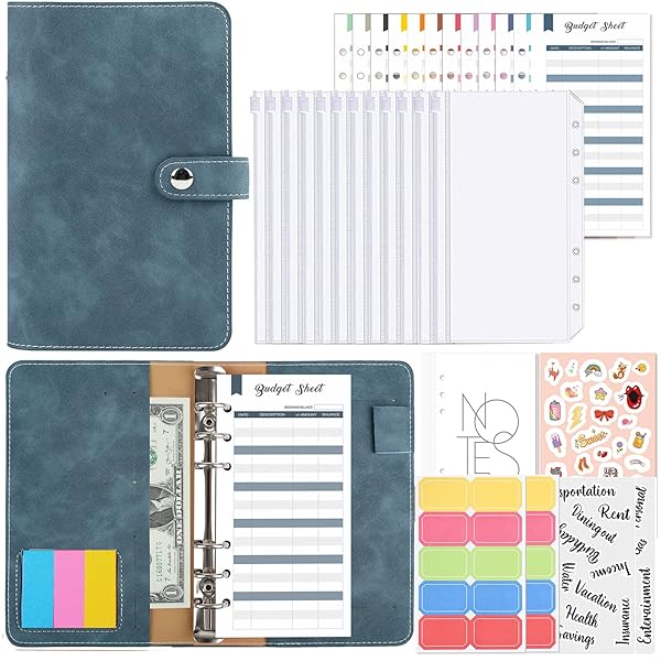 Sitengle A6 バインダー 6穴 予算バインダー PUレザー ポケット12個付き ラベル付き便利セット お金管理 手帳 家計管理 書類・伝票・名刺・メモ紙入れ ルーズリーフバインダー システム手帳 多色選択 (デニムブルー)