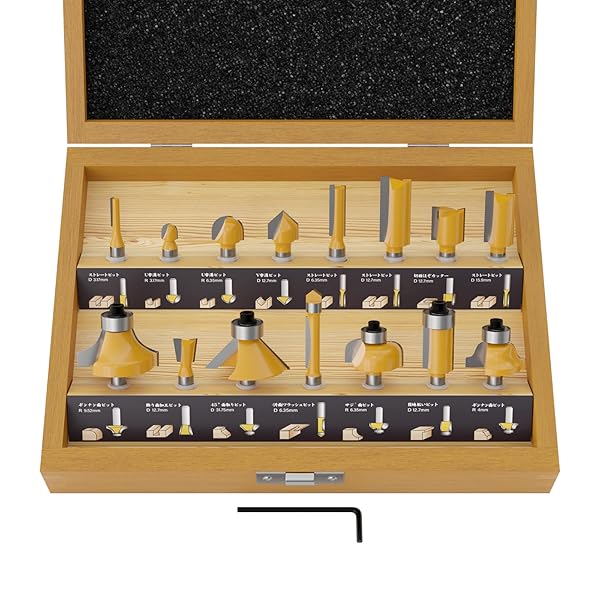 CSOOM 15本組 亜麻仁油木製収納ボックス付き 軸径6mm プロ木工トリマービットセット 超硬ルーターセッ..