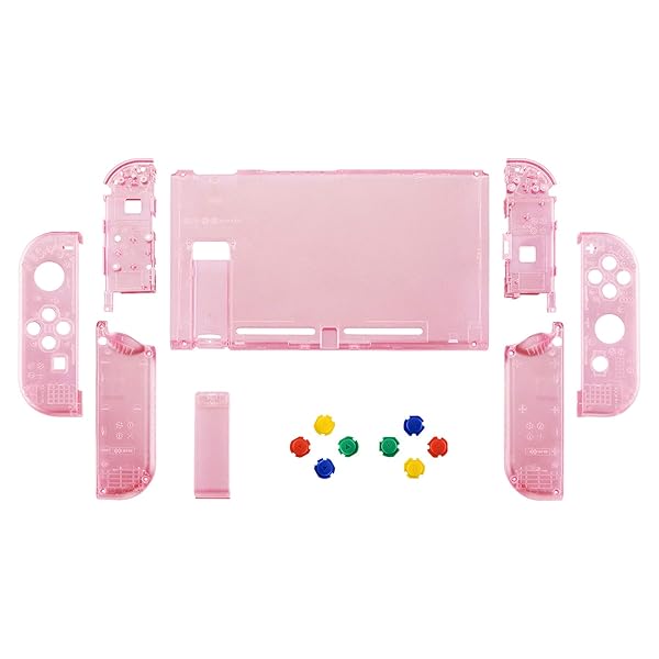 eXtremeRate Switchに対応用カスタムDIY交換ケースシェル、クリア素材のSwitchコンソールに対応用バックプレート、NSに対応用ジョイコンホルダーハンドルコントローラーハウジング、フルボタンセットが付き【チェリーピンク】