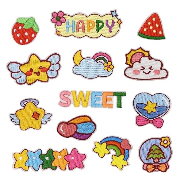 ワッペン ノンアイロン 貼るだけ 刺繍シール MUNCVY アップリケ DIY服 曇 イチゴ 虹 星 モチーフ 装飾 男の子 女の子 保育園 幼稚園 パッチ 補修 13枚セット 衣類 浴衣 手袋 手帳 飾り