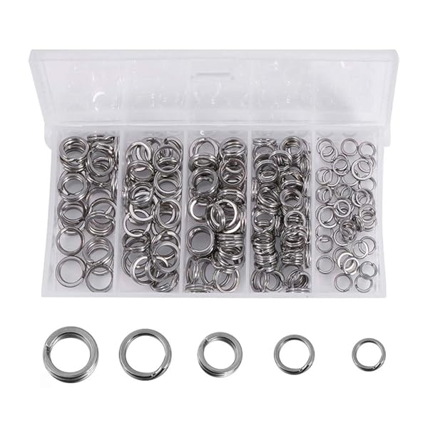 YFFSFDC スプリットリング 200個セット 直径5mm/6mm/7mm/8mm/9mm ソリッドリング 5サイズ 収納ケース付 平打ち リング 釣り 海釣り 釣り道具 釣り具 釣り用品