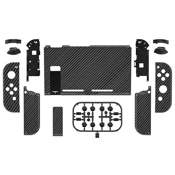 eXtremeRate Switchに対応用カスタムDIY交換ケースシェル、パターン柄バックプレート、ジョイコンホルダーハンドルコントローラーハウジング、フルボタンセットが付き「グラファイトカーボンファイバー」