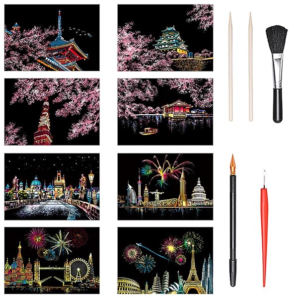 LIANHATA スクラッチアート 8枚入 スクラッチ極細ペン付き 20*14cm スクラッチペーパー レインボー絵 夜景 花火 観覧車 花畑 彫刻アート DIY 削るだけで美しいアート 部屋飾り (コンビネーションシリーズ)