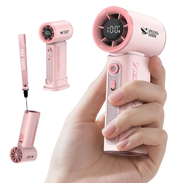 Smiling Shark ハンディファン TF02 【2025新登場・ミニサイズ】携帯扇風機 強力20,000RPM 100段階風量調節 12H時間動作 3600mAh 充電式 LEDディスプレイ 静音 軽量 ストラップ・スタンド付き 卓上対応 手