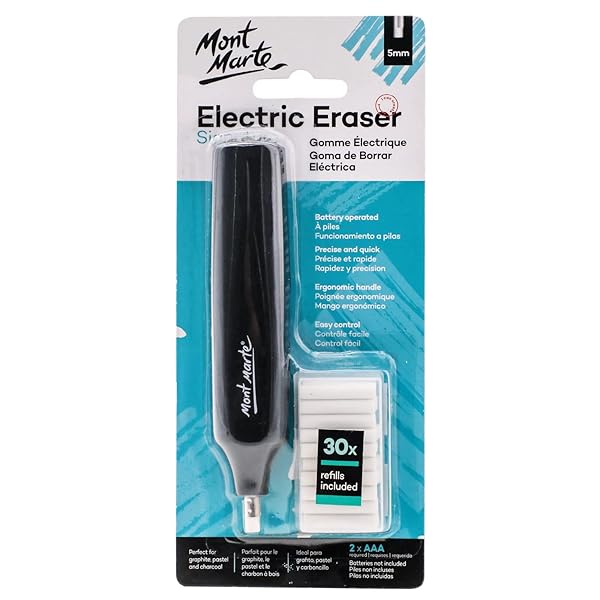 Mont Marte 電動消しゴム 電動字消器 パワフル よく消える 静音 筆形 取り換え用 消しゴム30本 学生用 文房具 オフィス用品 図面 楽譜 建築企画 絵画 電池式 ブラック