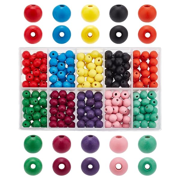 PH PandaHall 約250個/箱 10色 木製ビーズ 直径10mm ウッドビーズ 丸玉ビーズ