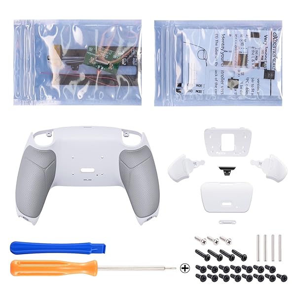 eXtremeRate ps5コントローラーBDM-010&BDM-020に対応用プログラムできる背面パドルプラスティック製ライズリマップキット、ps5コントローラーに対応用アップグレードボードとラバー付き再設計された白いバックケース＆白い背面ボタン