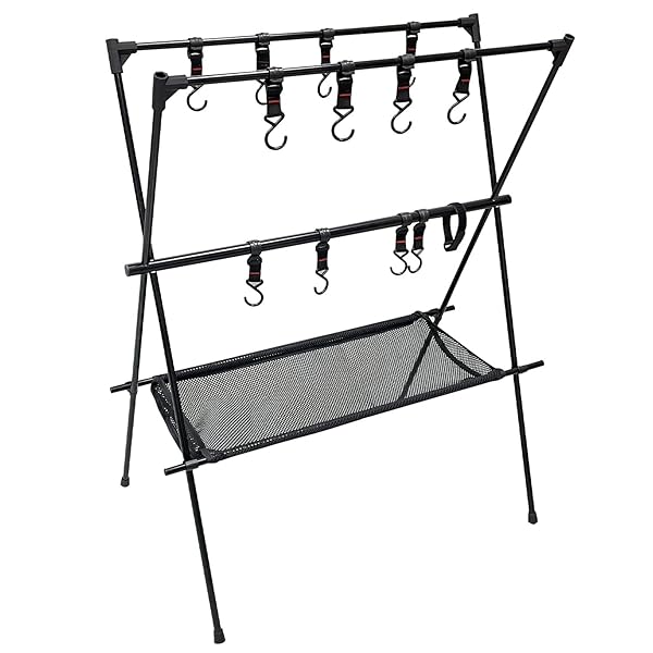 Sutekus キャンプラック ランタンスタンド ハンギング アウトドア ランタンハンガー 掛けフック8個 幅73センチ 高さ90センチ 収納用 ハンガー 物干し ネット 折り畳み 組み立て簡単 キッチン道具 整理 家庭用 登山 アウトドア キャンプ