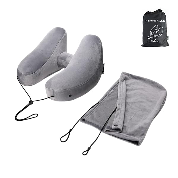 PRETOLE ネックピロー H型 フード付き グレー コットン 首枕 携帯枕 エアーピロー ポンプ式膨らませる 収納ポーチ付き 洗えるカバー トラベル 旅行用...