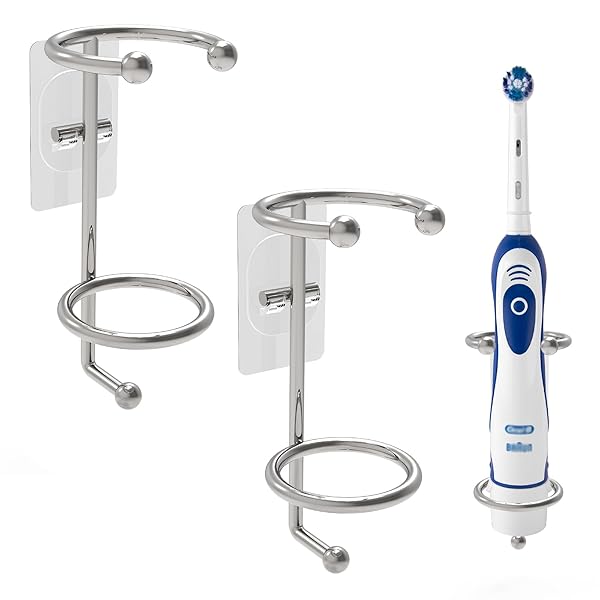 Linkidea 2パック 壁掛け電動歯ブラシホルダー バスルーム シャワー用 ステンレススチール電動歯ブラシハンガー 粘着式壁掛け歯ブラシオーガナイザー (シルバー)