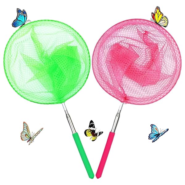 虫取り網 2色 2本入り 魚取り網 昆虫ネット 軽量 調節可能 5段伸縮 昆虫採集 水陸両用網 子供用虫取りアミ 屋外ツール トンボ 蝶 小魚の捕獲に適しています (グリーン+ピンク)