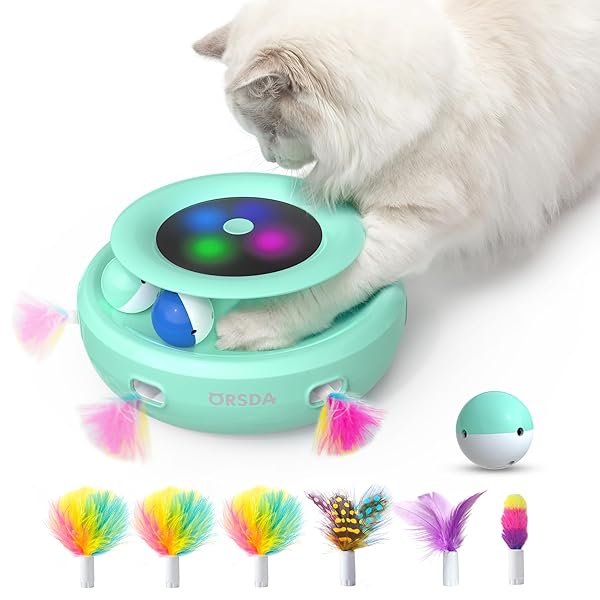 猫おもちゃ 電動 ORSDA 猫じゃらし 自動 猫ボール 2in1一体式 6本取り替え人工毛付 一人遊び猫おもちゃ自動 スピード調整可能 寂しさ解消/運動不足対策 狩猟天性満足 猫大興奮 説明書付 グリーン
