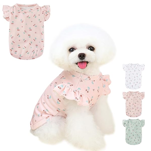 AmzBarley 犬 服 春 シャツ 可愛い さくらんぼ柄 フリル袖 ラウンドネック 犬服 洋服 小型犬 中型犬 服 春夏 柔らかい 通気性 伸縮性 軽量 ペット服 抜け毛防止 户外防虫 犬 春服 両足 おしゃれ 家着 お散歩 お出かけ